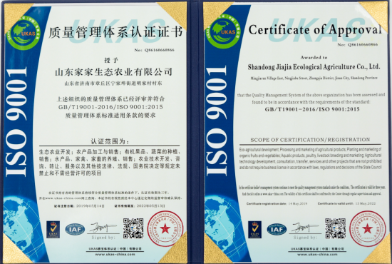 山东家家生态农业有限公司通过ISO9001体系认证