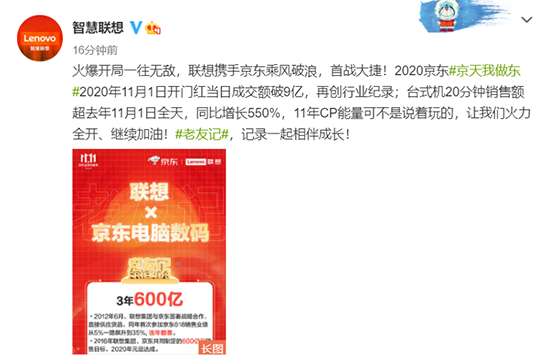 “老朋友”的新征程 联想京东11.11开门红破9亿刷新行业记录