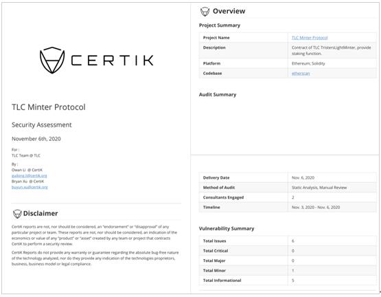 美国安全审计公司CERTIK完成去中心化借贷协议TLC智能合约代码审计