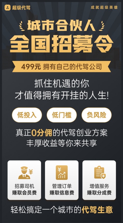 超级代驾发起城市合伙人招募计划   499元快速启动创富人生