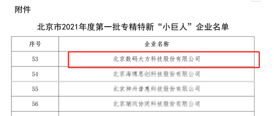 数码大方入选2021北京市首批专精特新“小巨人”企业