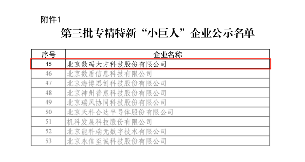 国家级！数码大方入选工信部专精特新“小巨人”企业