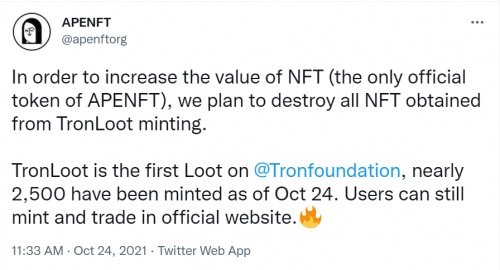 APENFT意将TronLoot铸造所得NFT全部销毁