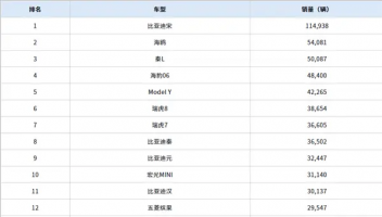 10月高销量车型出炉：比亚迪“屠榜”，前五有4个、前十占6席