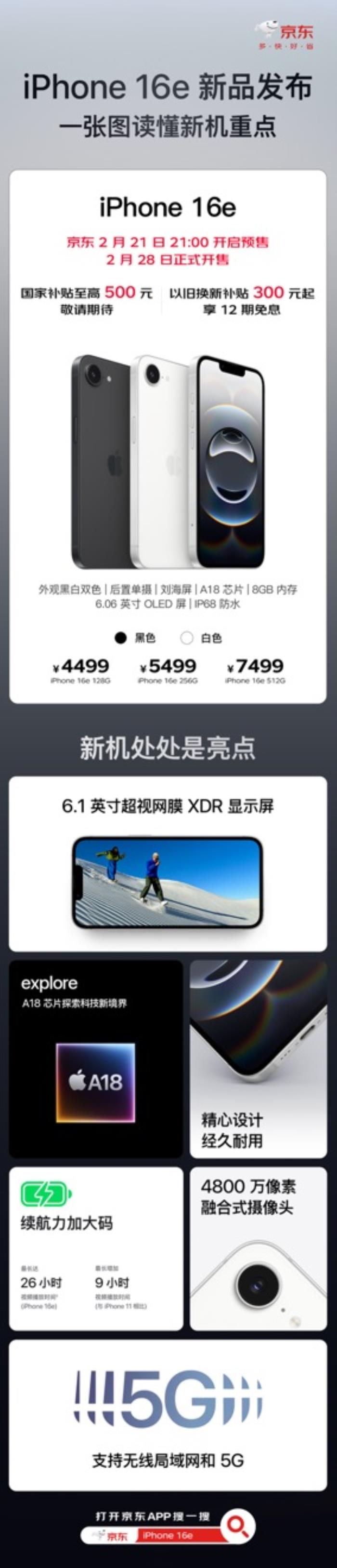 iPhone 16e新品2月21日预购 京东以旧换新+国家补贴可省800元